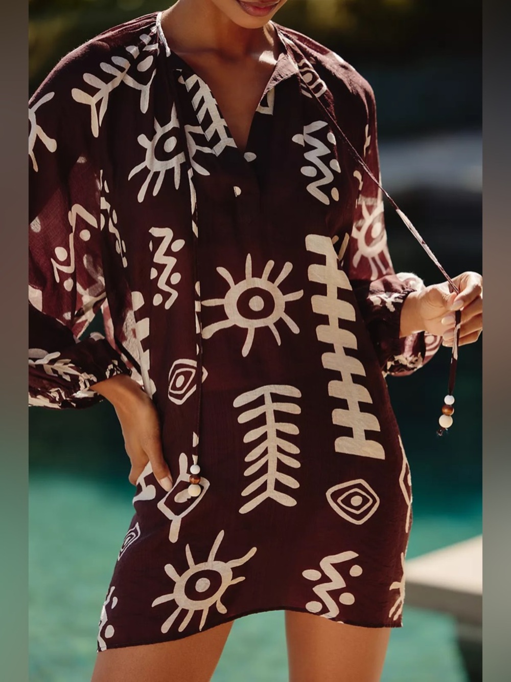 Anthropologie Tie-Neck Printed Mini Kaftan Dress Tunic Brown White Abstract - Picture 13 of 15